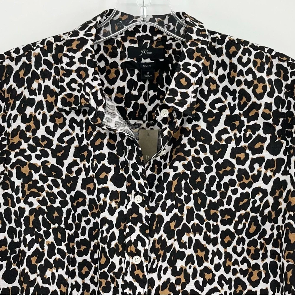 NWT J. Crew Linen Blend Leopard Print Slim-Fit Buttoned Shirt Blouse Top Size 8